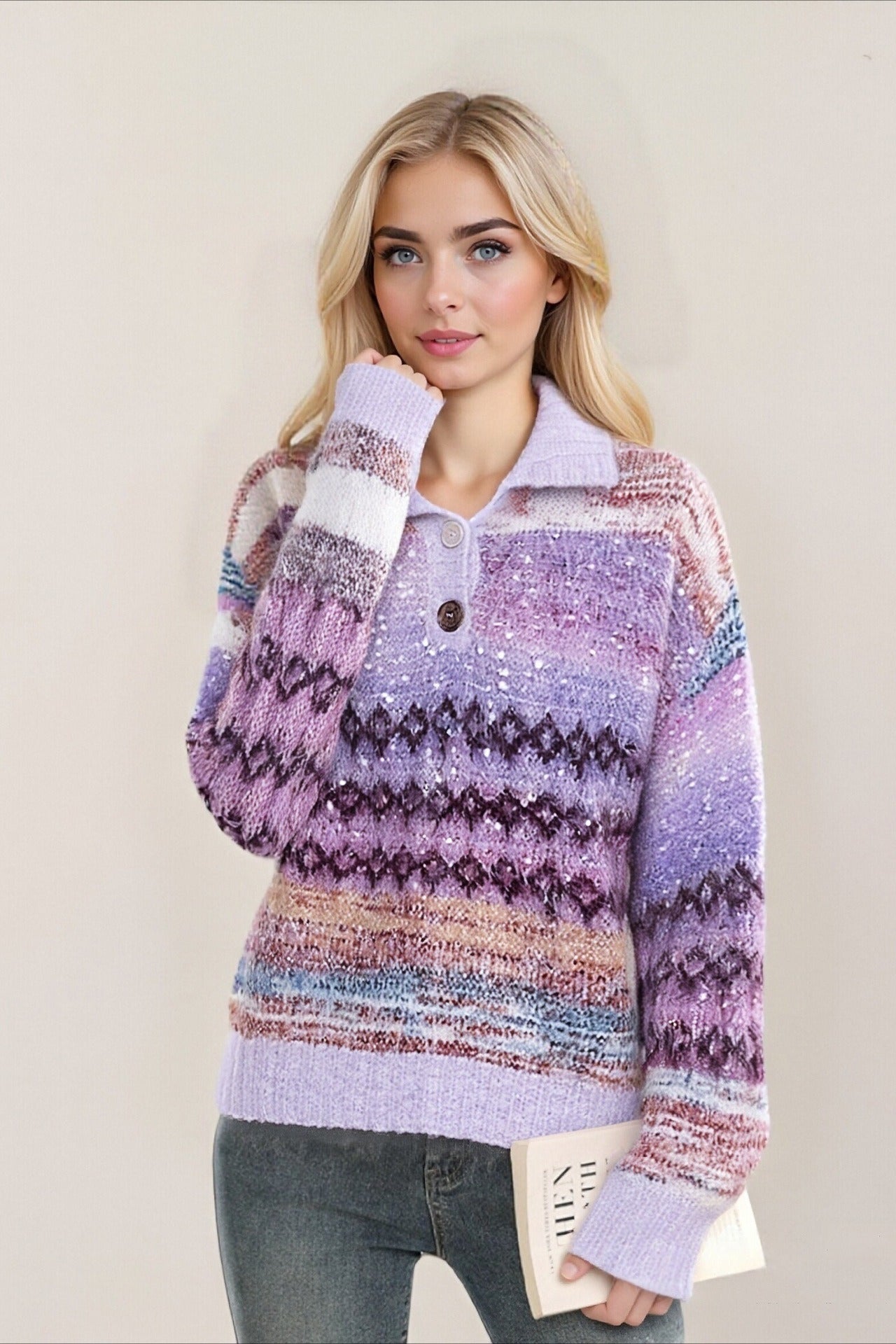 Gradient Fair Isle Jacquard Lurex Collared Loose Sweater