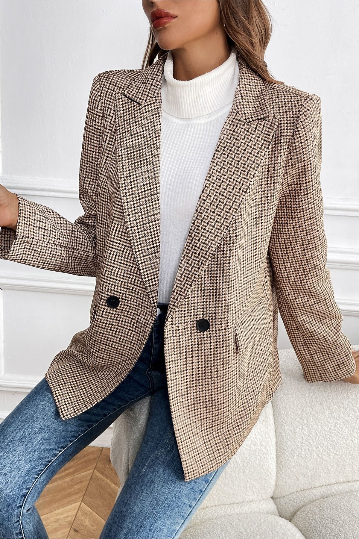 Vintage Houndstooth Elegant Casual Blazer