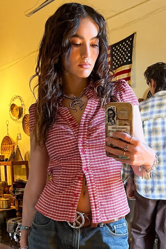 Preppy Plaid Button Down Collar Slim Blouse