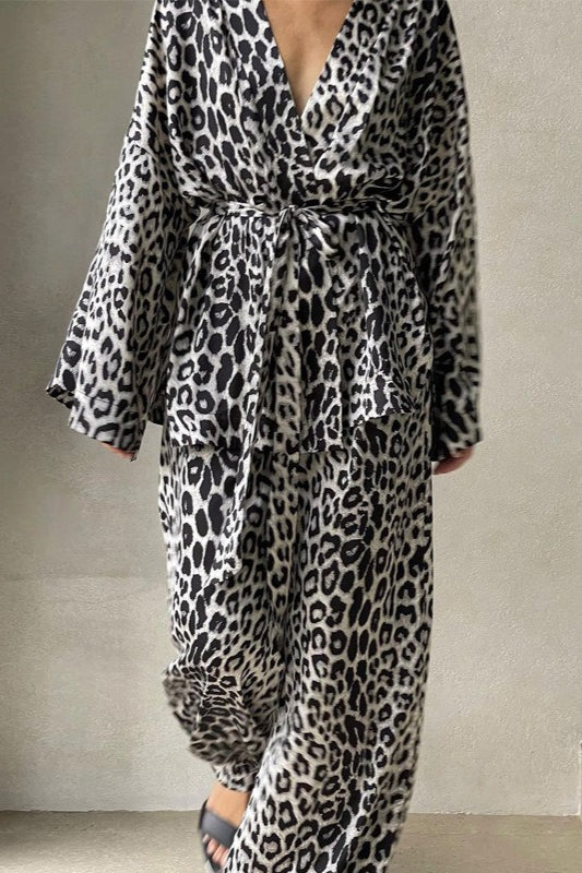 Chic Printed Long-Sleeve Shirt Belted Wide-Leg Pants Two Piece Set