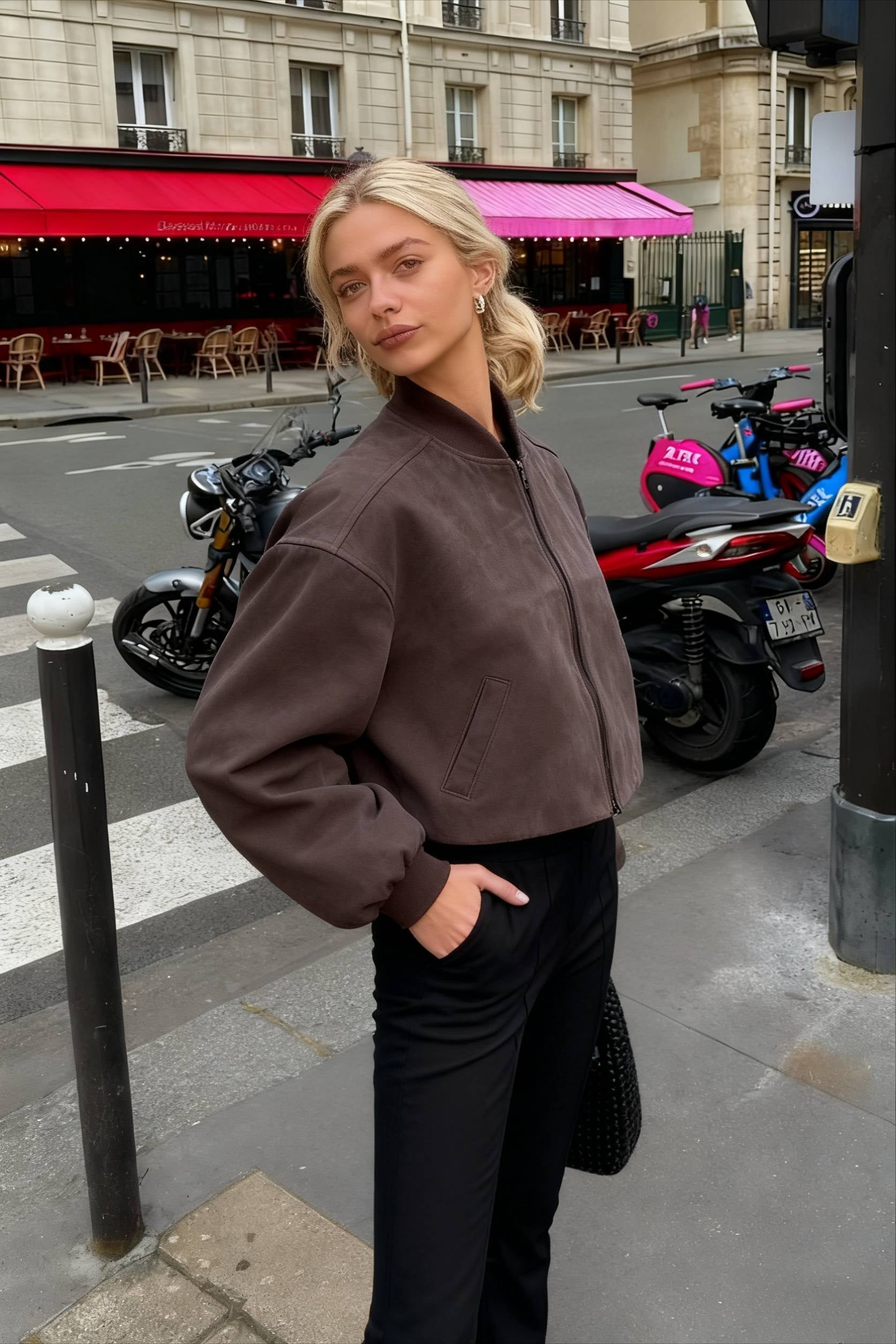 Retro Gray Suede Pilot Stand Collar Zip Jacket