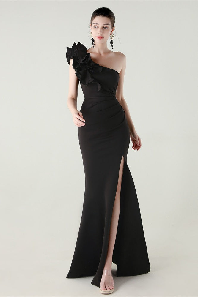 Ruffled Floral One Shoulder Satin Party Dress