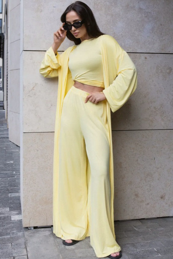 Solid Knit Flowly Long Sleeve Robe Three Piece Set