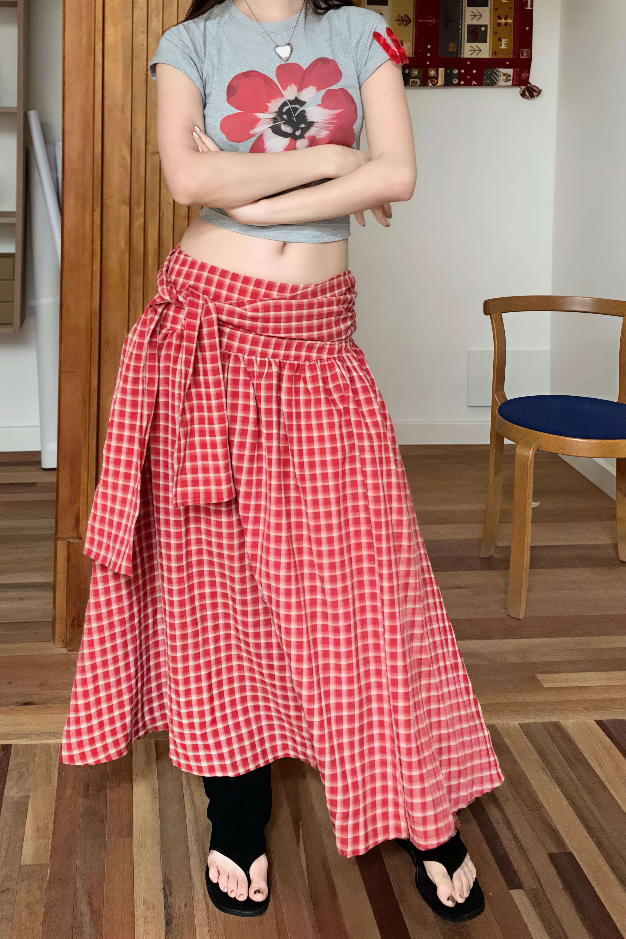 Farbblock Karo Rock mit seitlichem Reißverschluss und weitem Schnitt