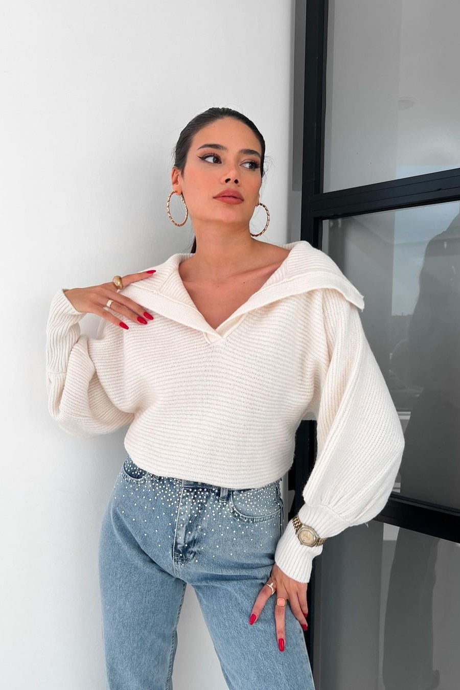 Pullover mit Laternenärmeln und offenem Kragen aus Strick