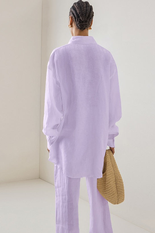 Leinen Lockeres Langarm-Hosen Zweiteiler-Set