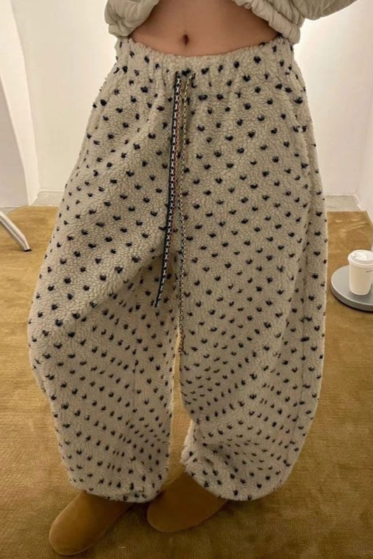 Warm Thickened Polka Dot Fleece Drawcord Pants