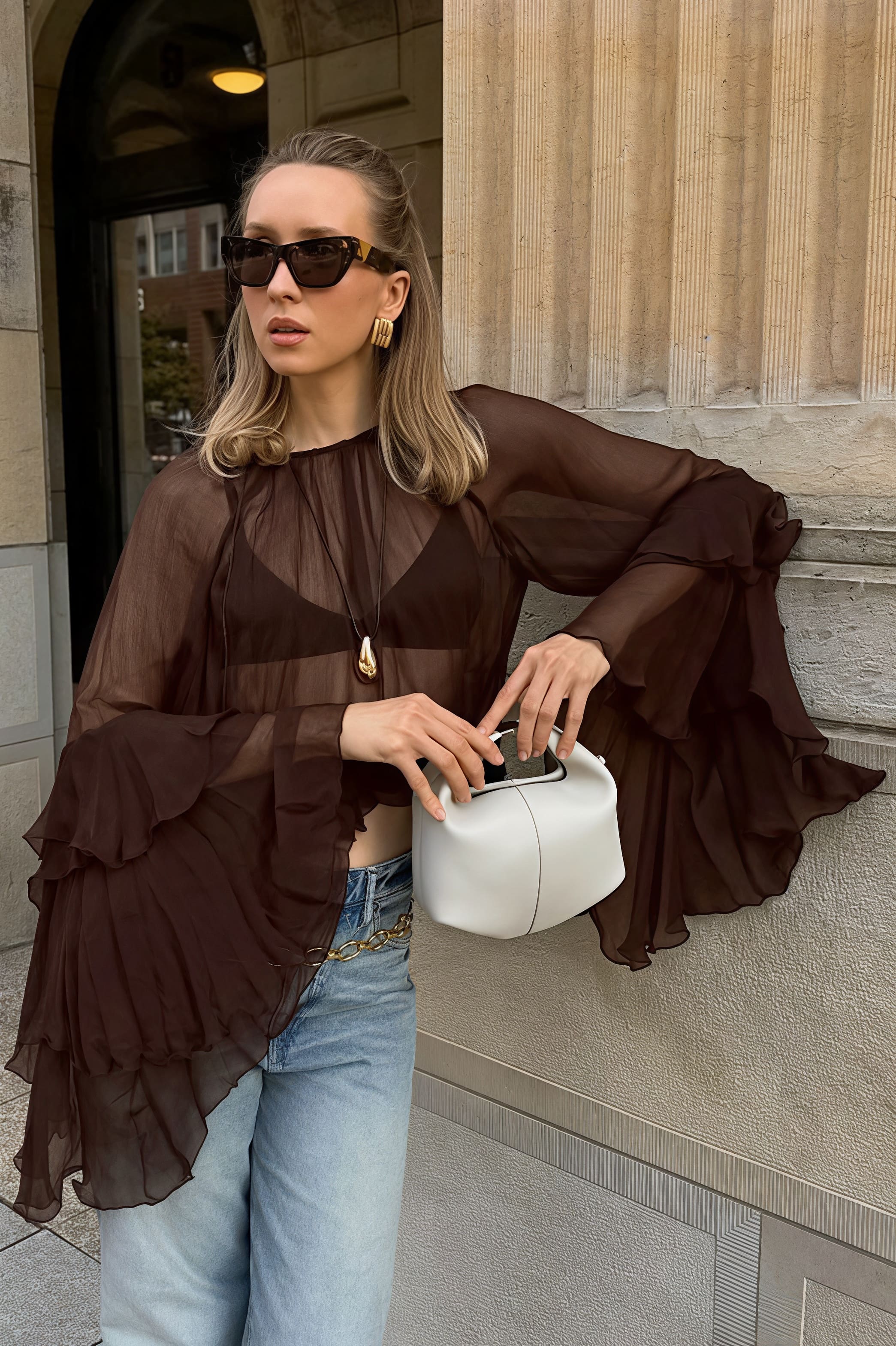 Loose Fit Ruffled Chiffon Round Neck Blouse