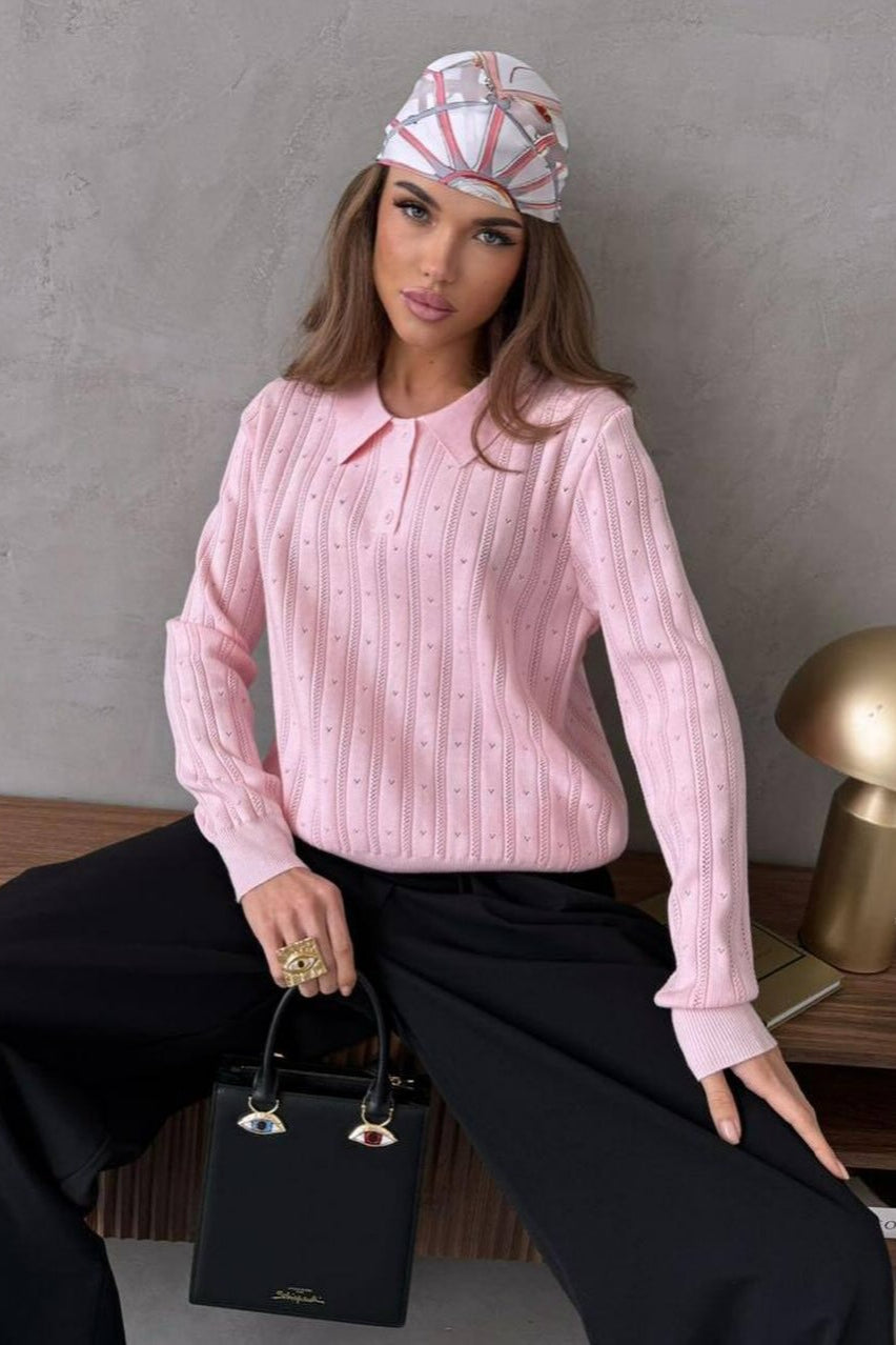 Jacquard Polo Collar Long Sleeve Loose Blouse