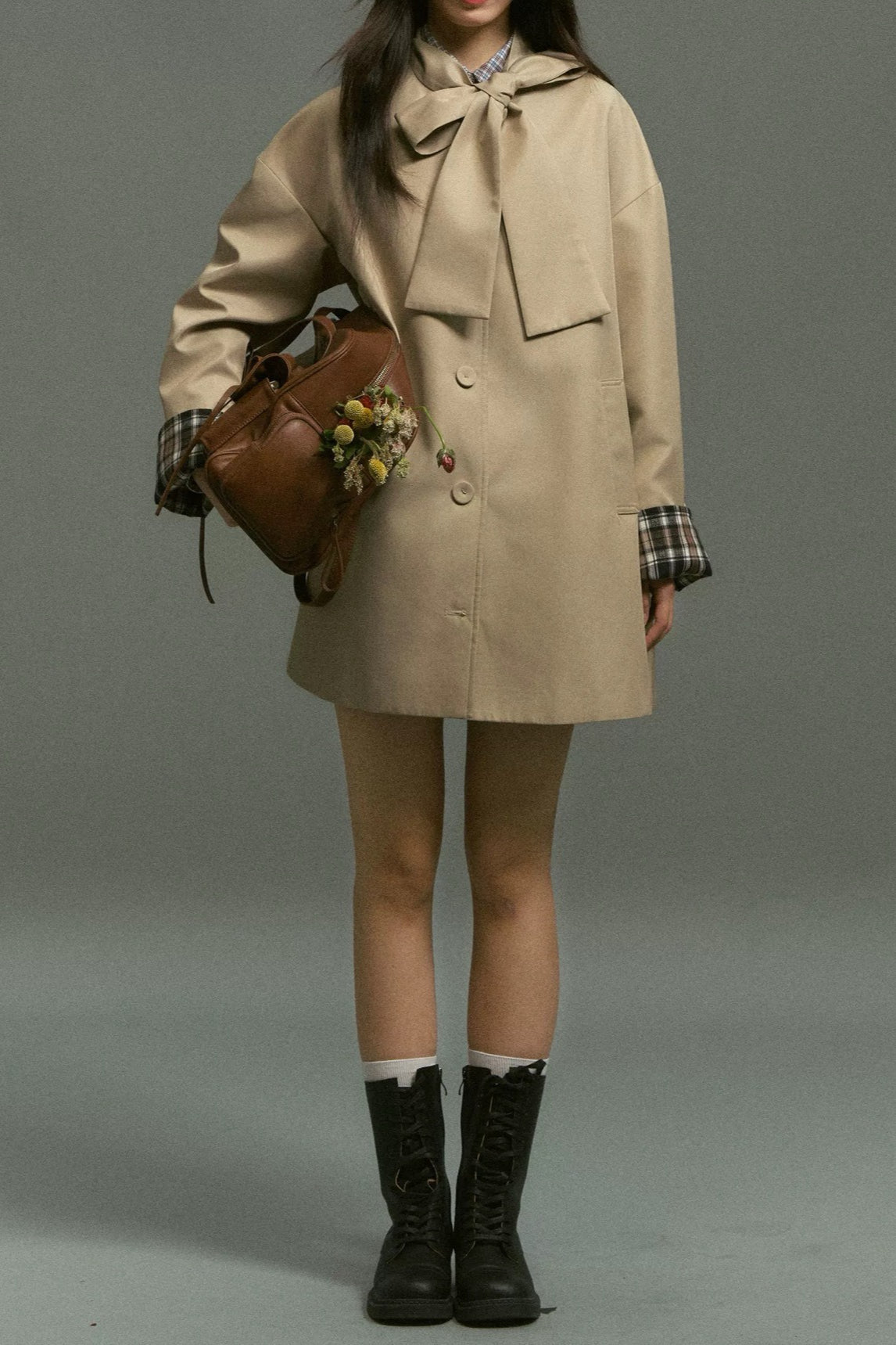 Plaid Blend Bow Front Coat