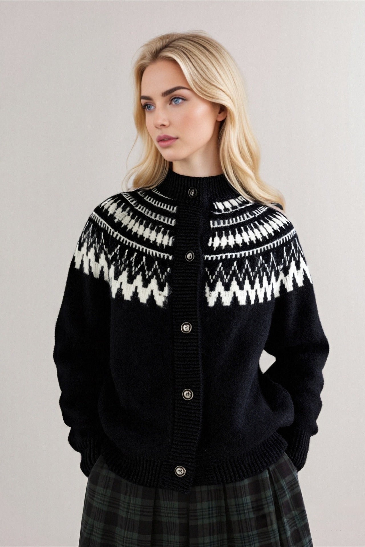 Fair Isle Color Block Geometric Crew Neck Retro Knit Cardigan