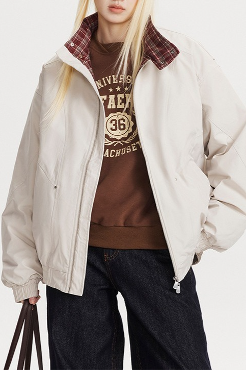 Vintage Plaid Paneled Stand Collar Loose Warm Jacket