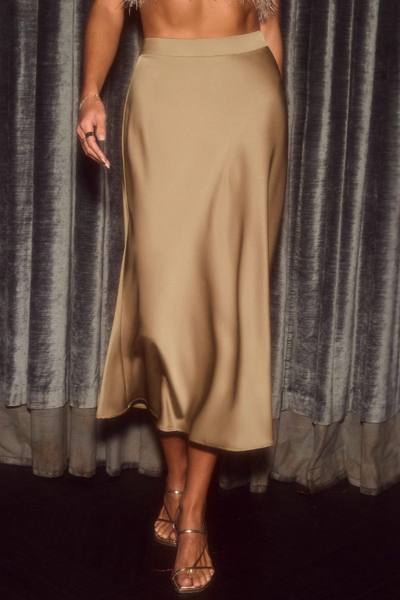 Satin Solid Color A-line Bodycon Skirt