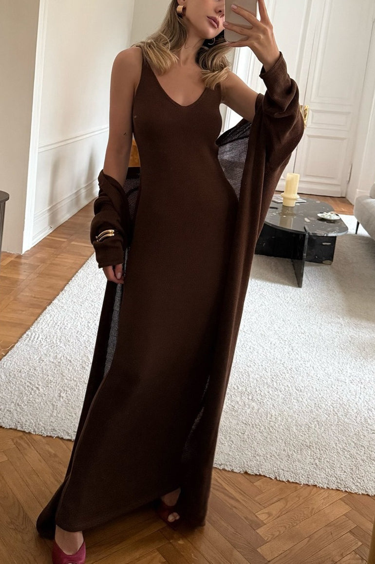 Ensemble deux pièces moulant en tricot de coton à col en V profond