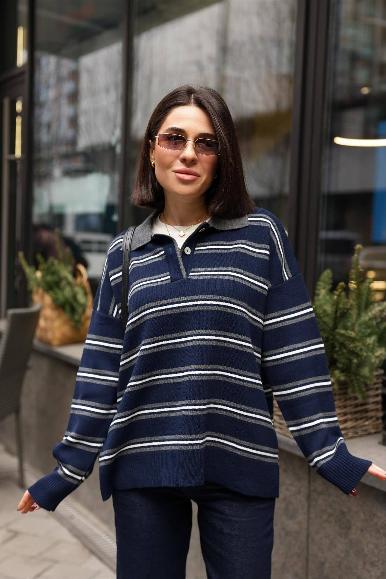 Striped Knit Pullover Collared Loose Sweater