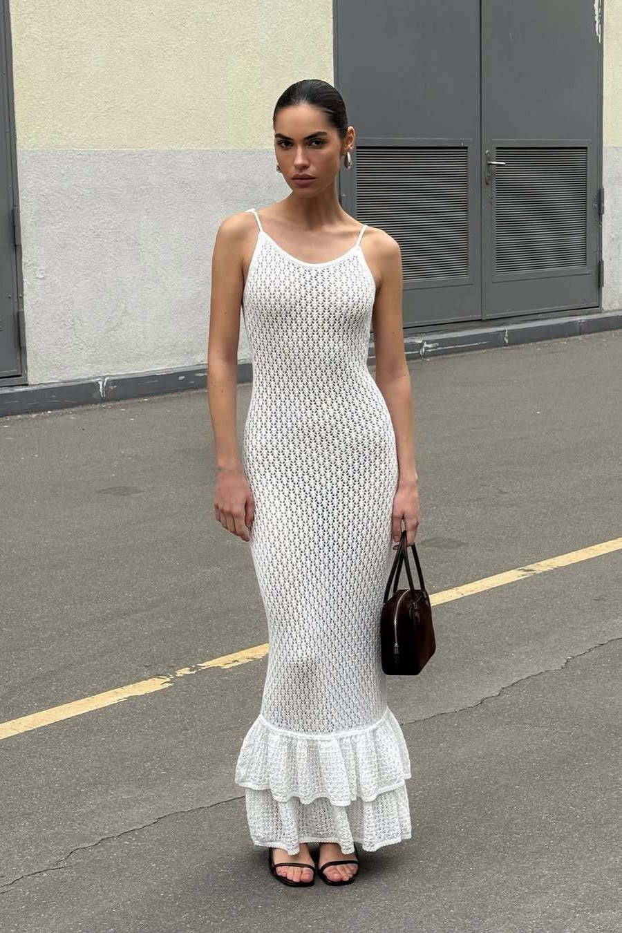 Vestido largo de punto con volantes bohemio, sexy, con recortes y tirantes transparentes