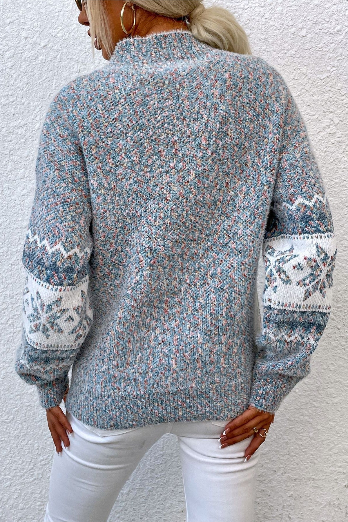 Knit Half-High Neck Snowflake Pullover Sweater