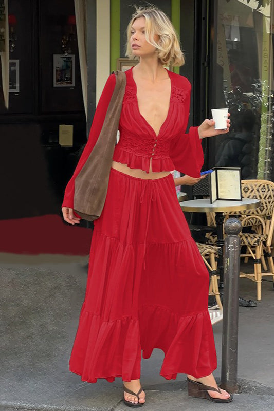 Verführerisches Spitzen-Chiffon-Durchsichtiges Rock-Set mit Bindeband