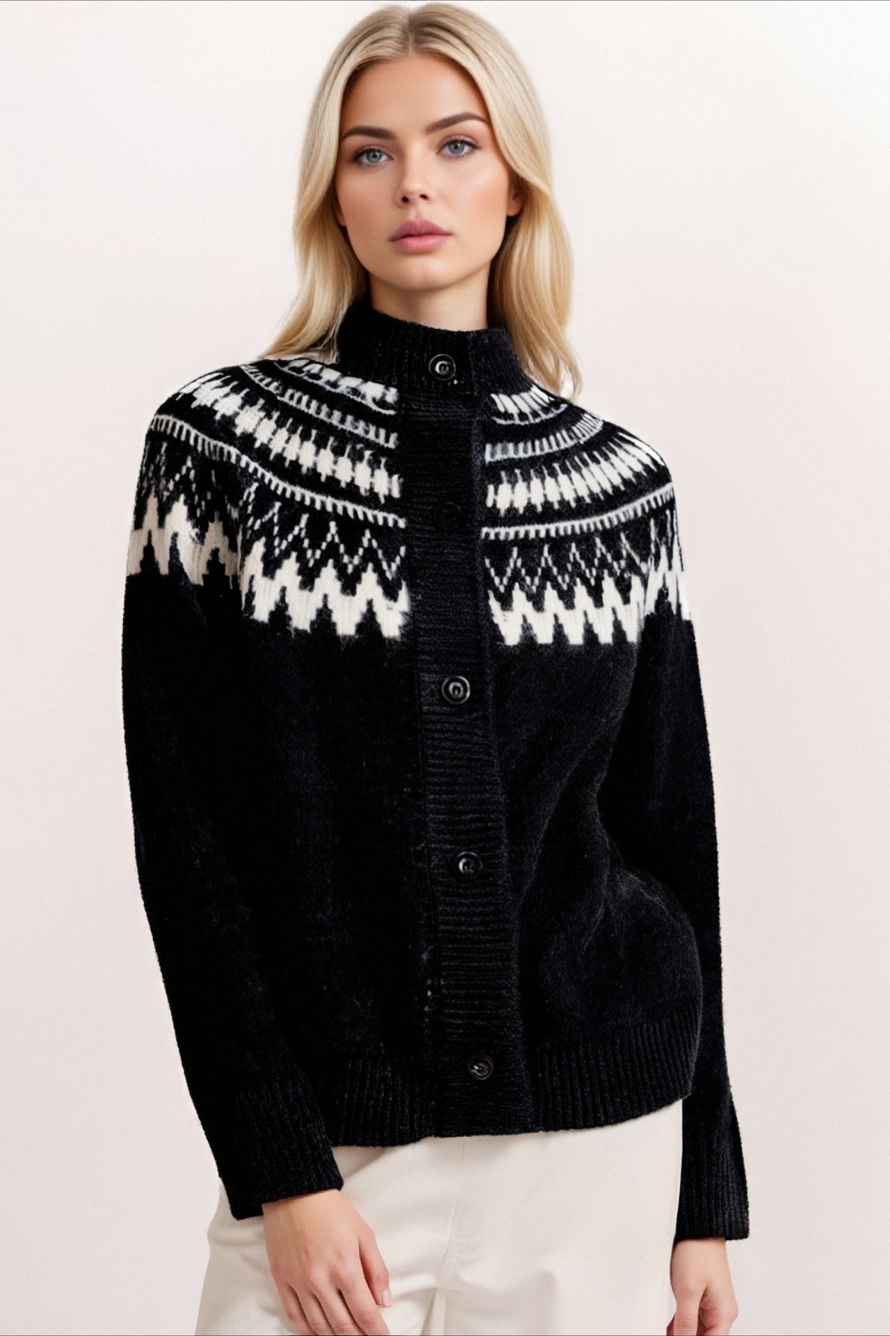 Fair Isle Color Block Geometric Crew Neck Retro Knit Cardigan
