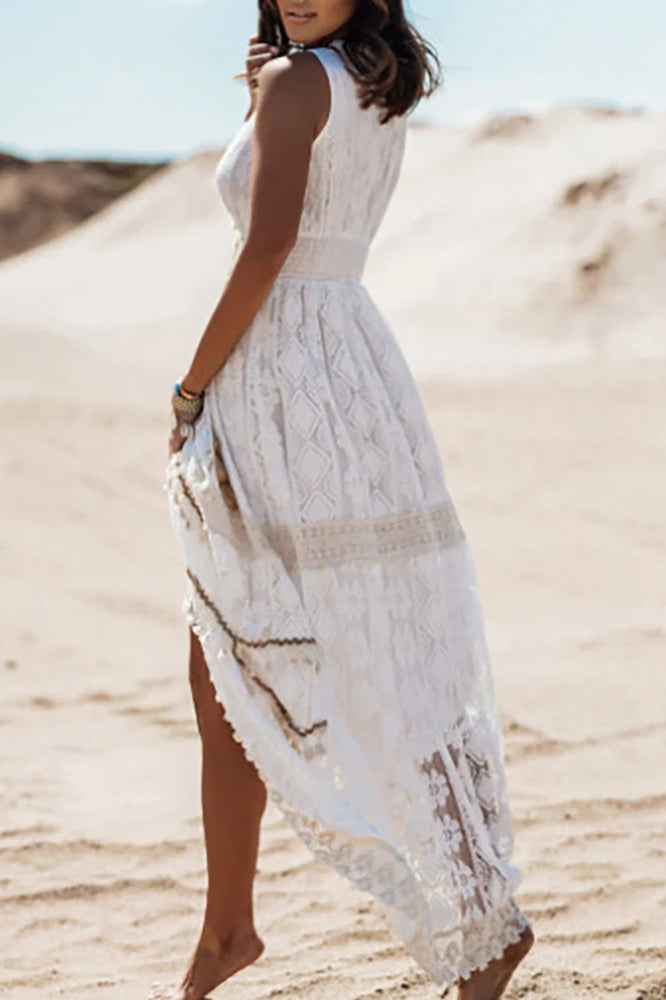Lace V Neck Hollow Boho Dress
