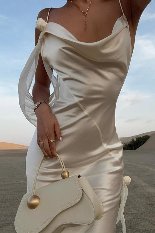 Solides Satin-Blumenmuster Rückenfreies Elegantes Maxikleid