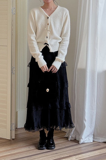 Cardigan boutonné à col en V avec nœud décoratif