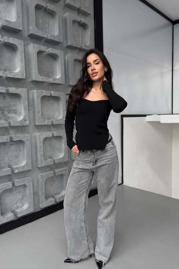 Stretch-Rippstrick-Oberteil mit langen Ärmeln