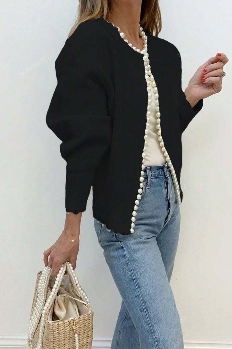 Pearl-Trimmed Crew-Neck Heavy-Detail Knit Cardigan