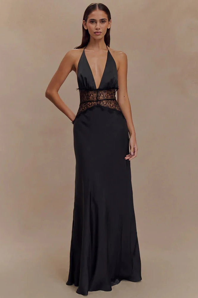 Spitzen-Patchwork Rückenfreies Neckholder Boho-Kleid