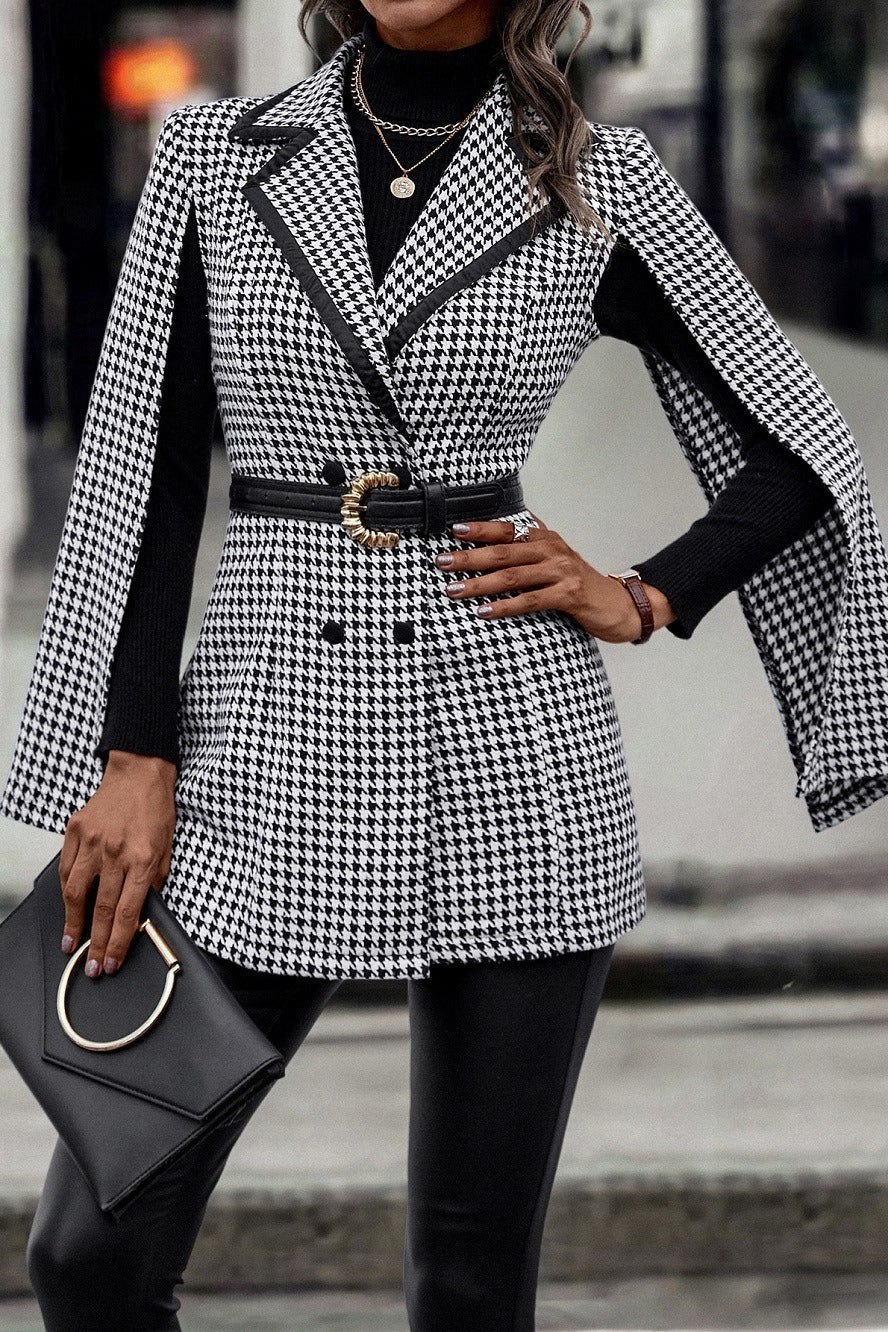 Tweed-style Houndstooth Split Long Sleeve Chic Blazer