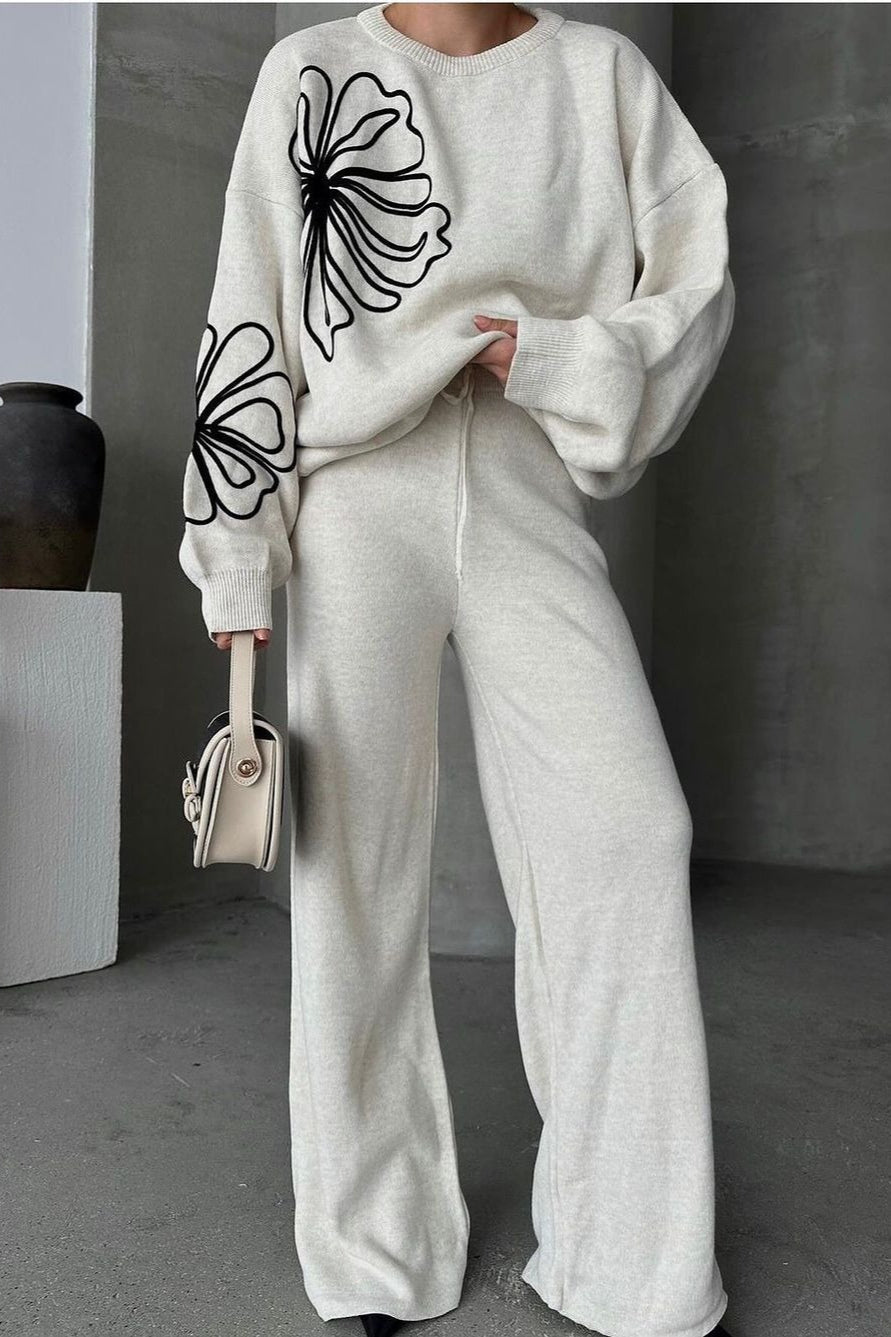 Casual Round Neck Knit Sweater with Pants Two Piece Set