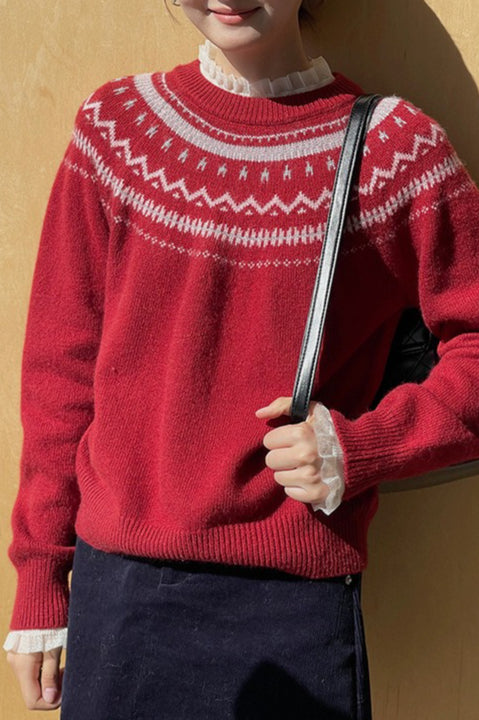 Pullover mit Fair-Isle-Muster, locker geschnitten, Rundhalsausschnitt, Farbblock, schlicht