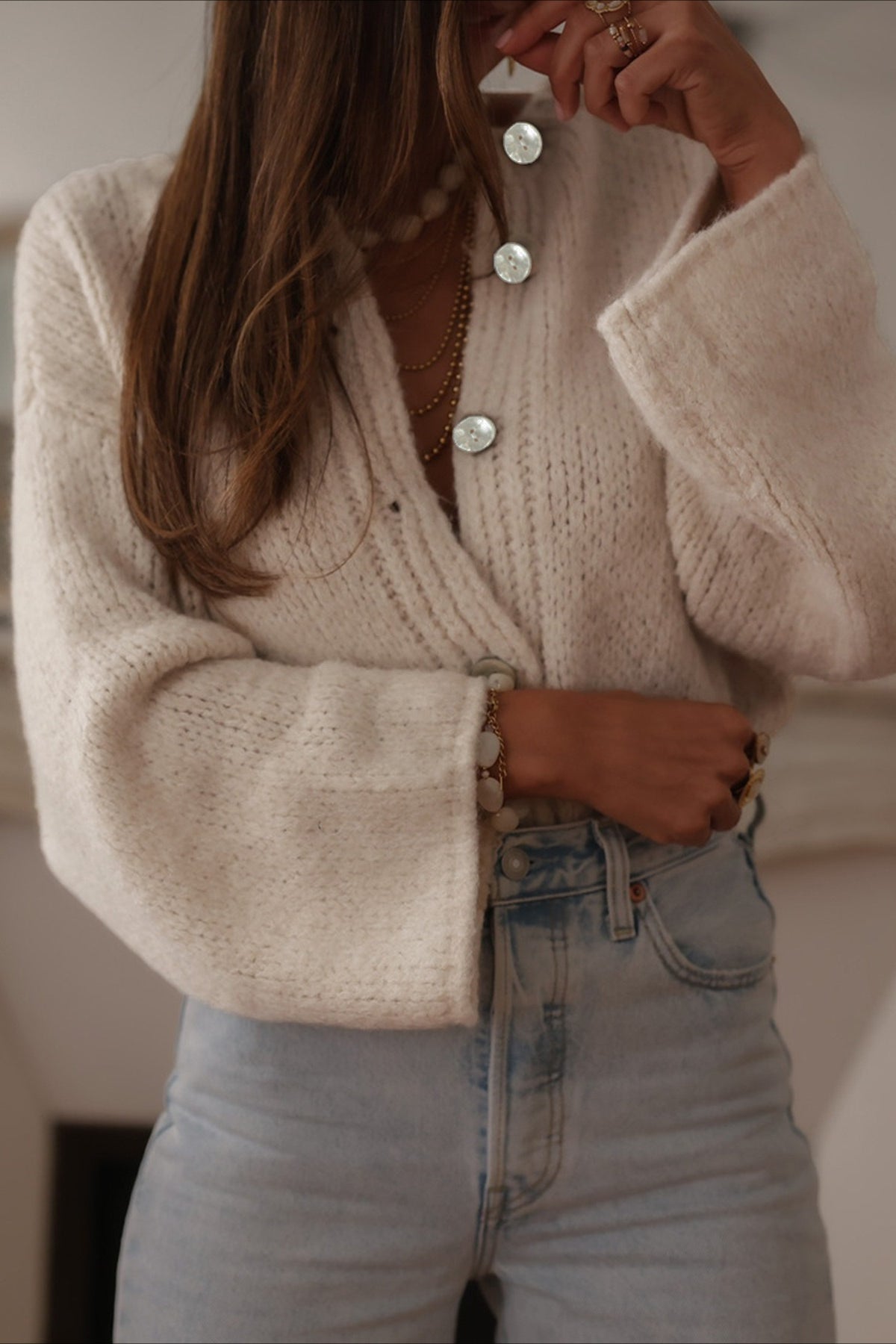 Cardigan Elegante de Tricô Lisa com Fechamento Simples