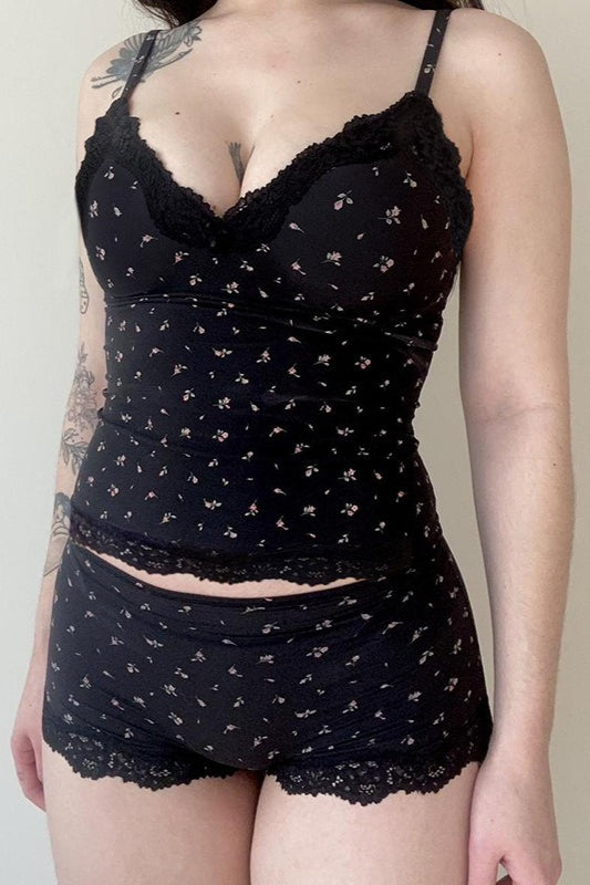 Ensemble deux pièces chic décontracté en dentelle florale sexy avec caraco