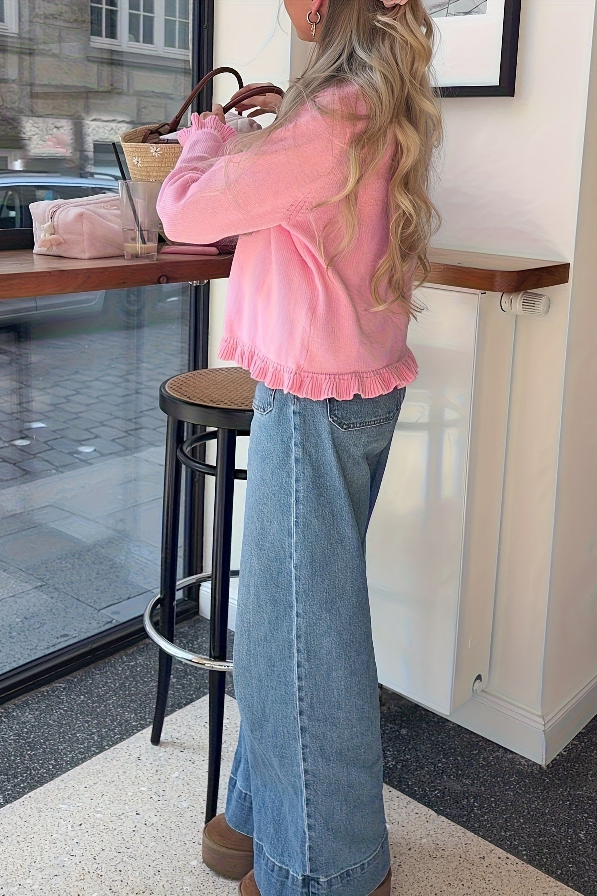 Cárdigan de punto de manga larga con encaje relajado sólido