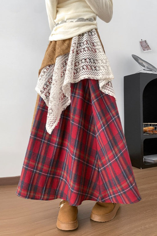 Asymmetric Lace Panel Plaid Skirt