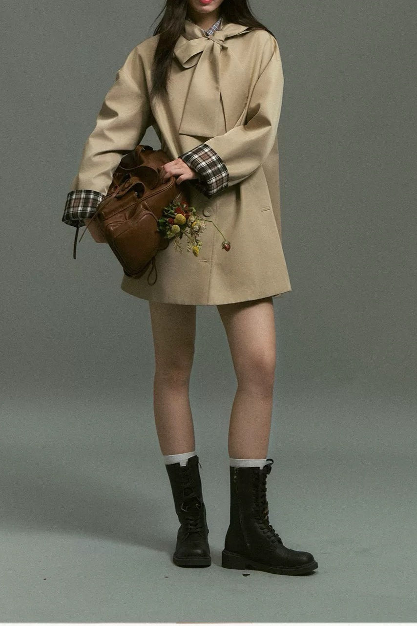 Plaid Blend Bow Front Coat