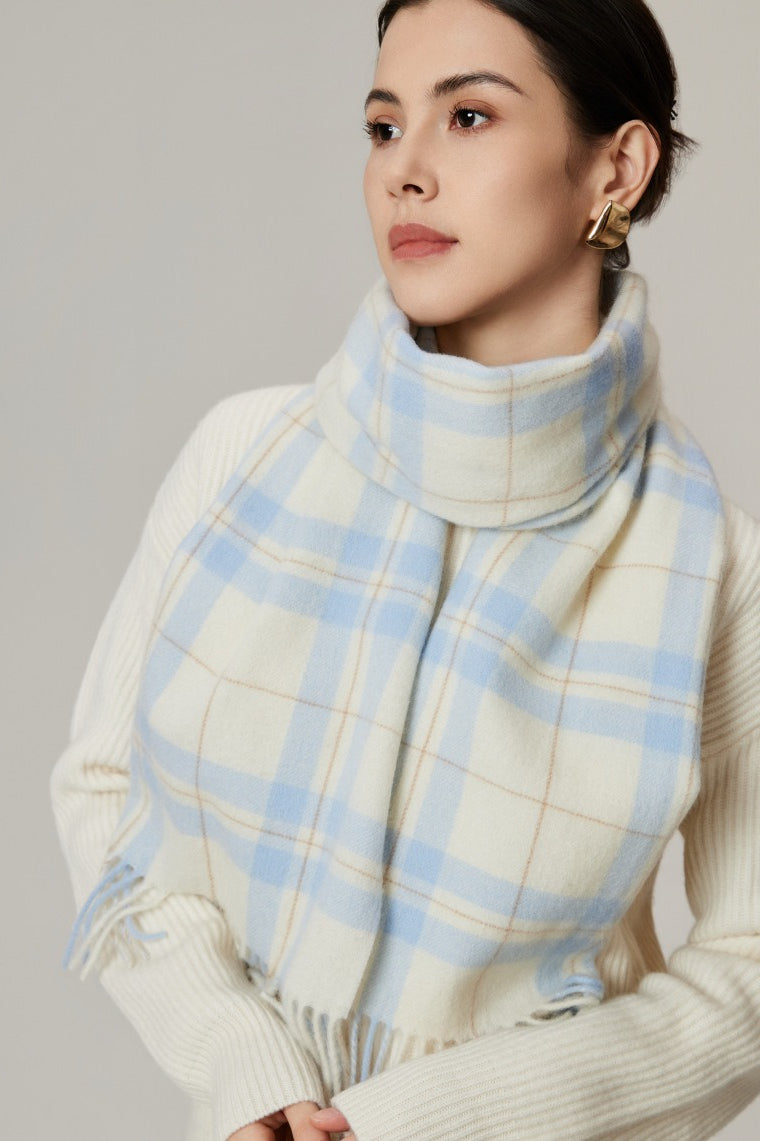 100% Wool Plaid Fringed Minimalist Scarf