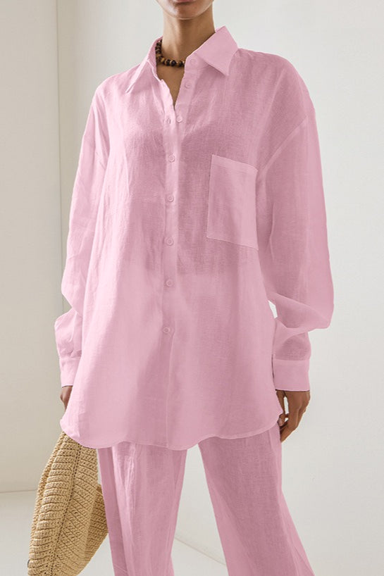 Leinen Lockeres Langarm-Hosen Zweiteiler-Set