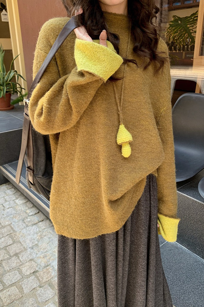 Color-Block Mock Neck Loose Lazy-Style Knit Sweater