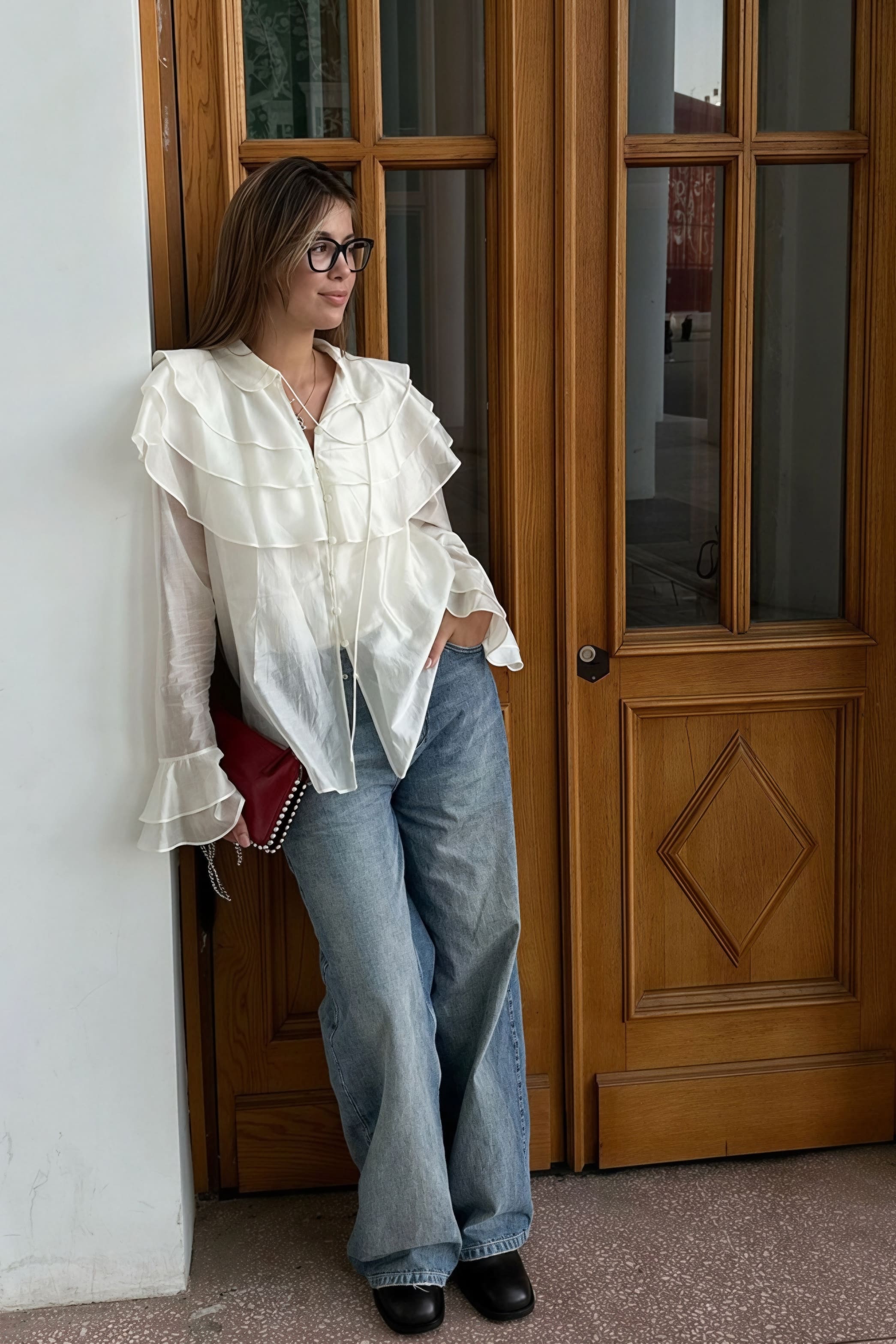 Camicia in chiffon di Tencel con maniche svasate arricciate