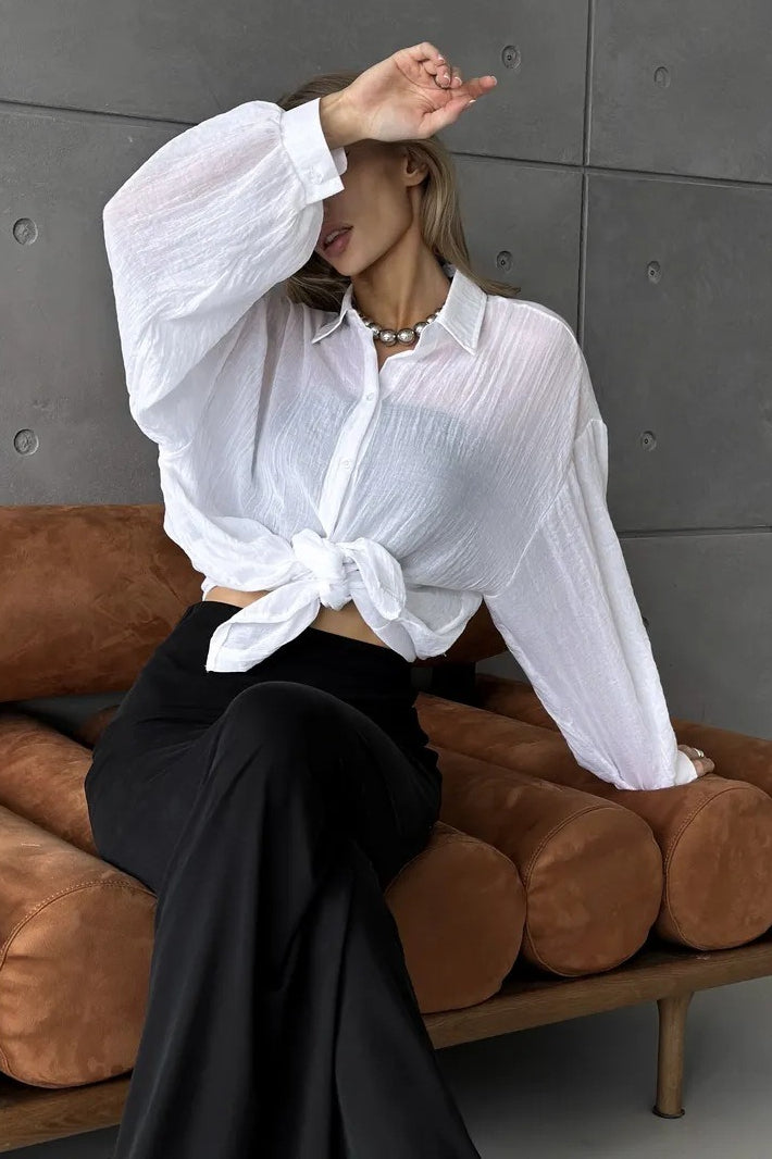 Blusa Casual Chic de Manga Longa e Cor Sólida