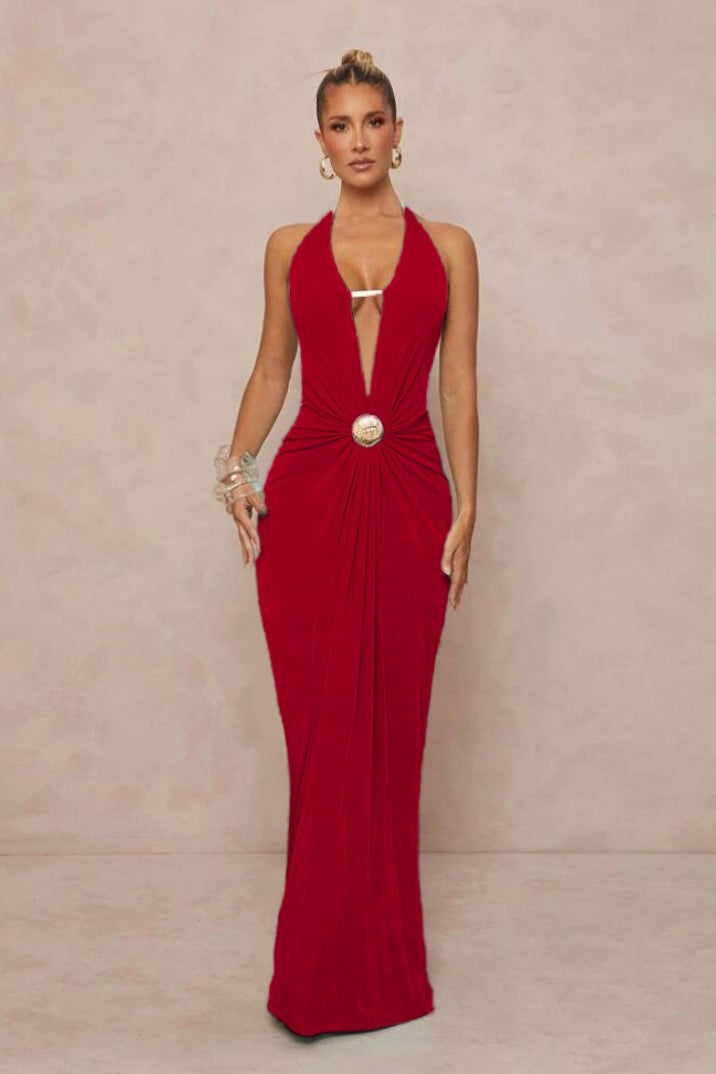 Maxikleid mit tiefem V-Ausschnitt, gerafftem Träger, Metallbesatz und rückenfrei