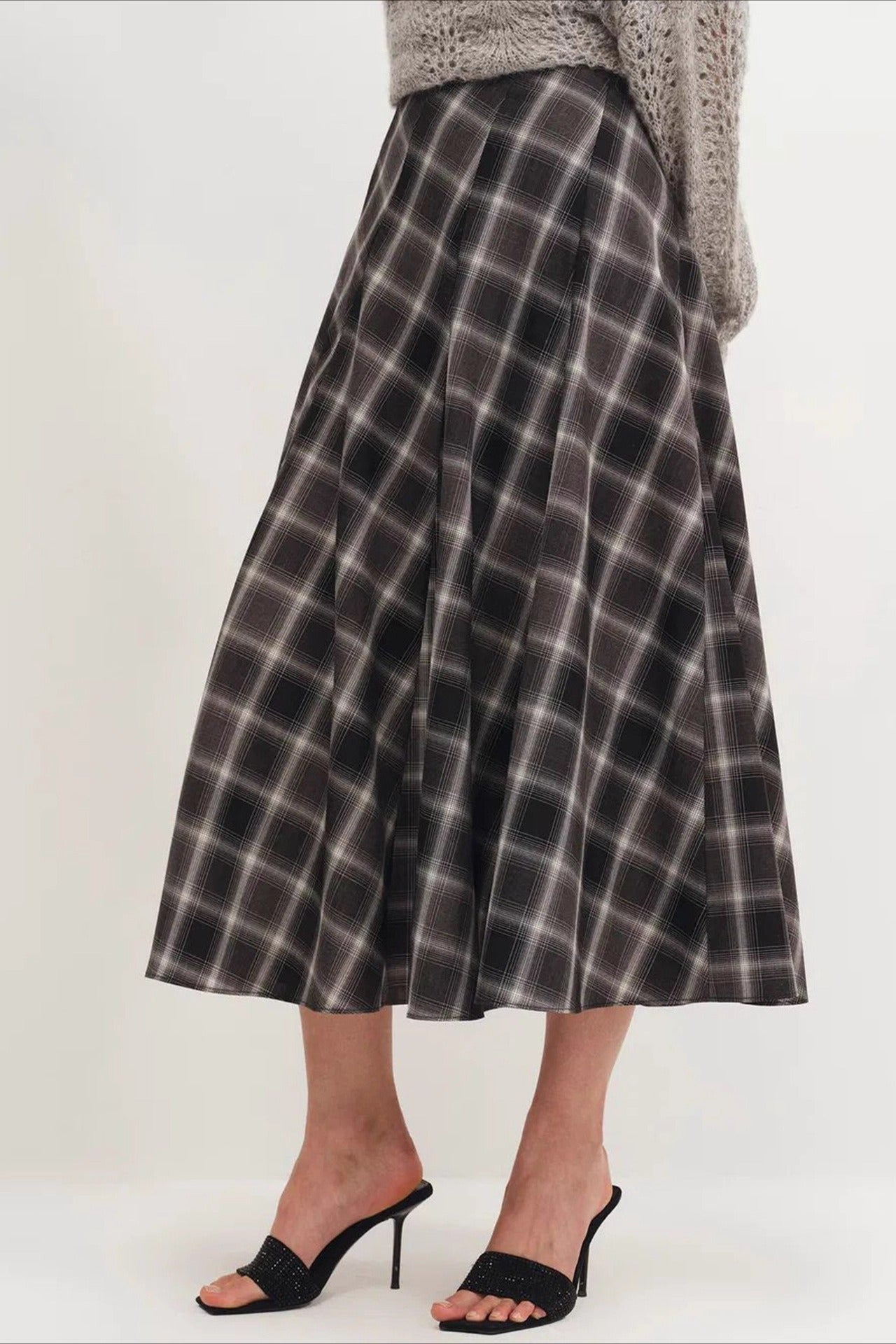 Wool Plaid Waist Defined A-Line Skirt