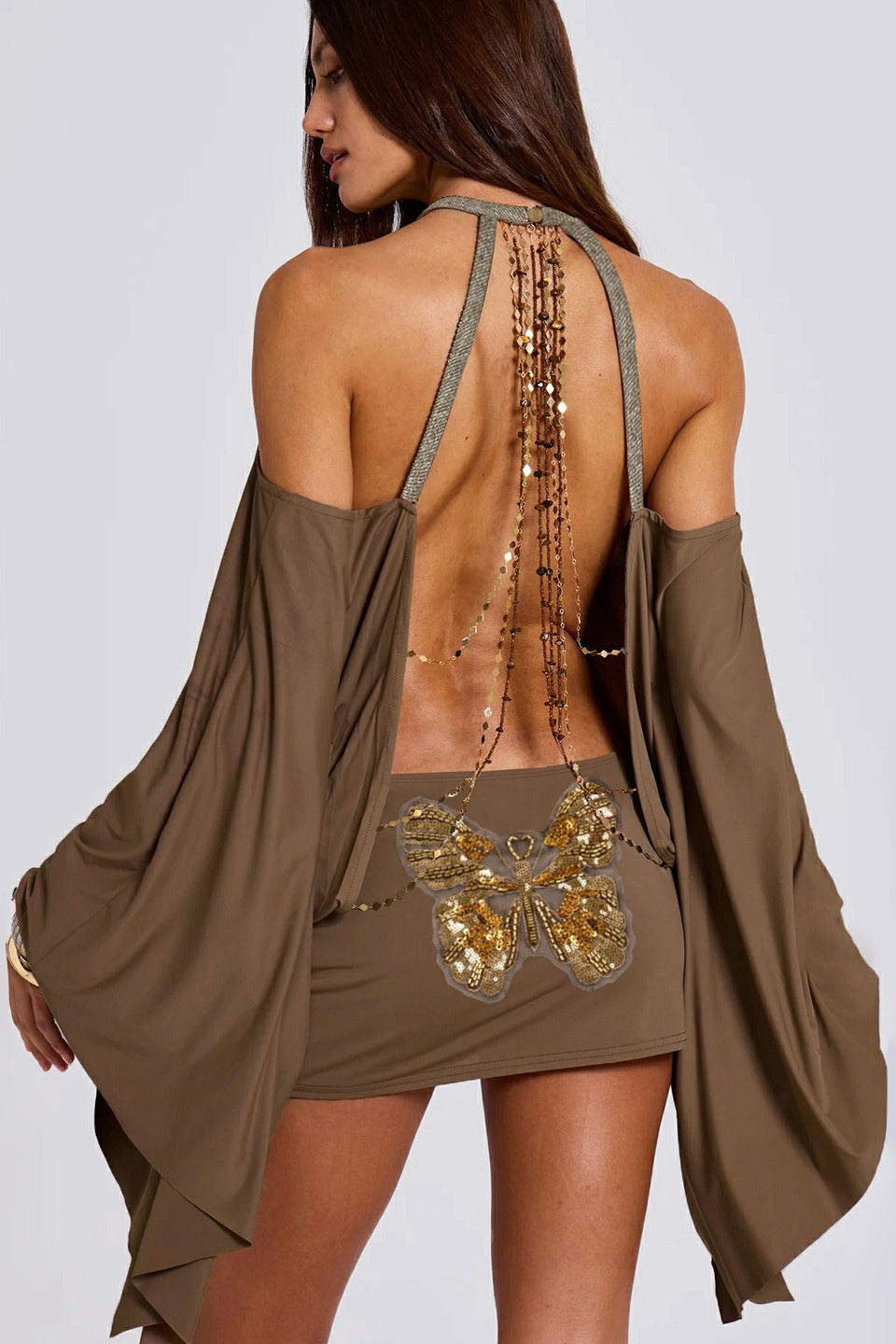 Backless Chain Bodycon Batwing Sleeve Mini Dress