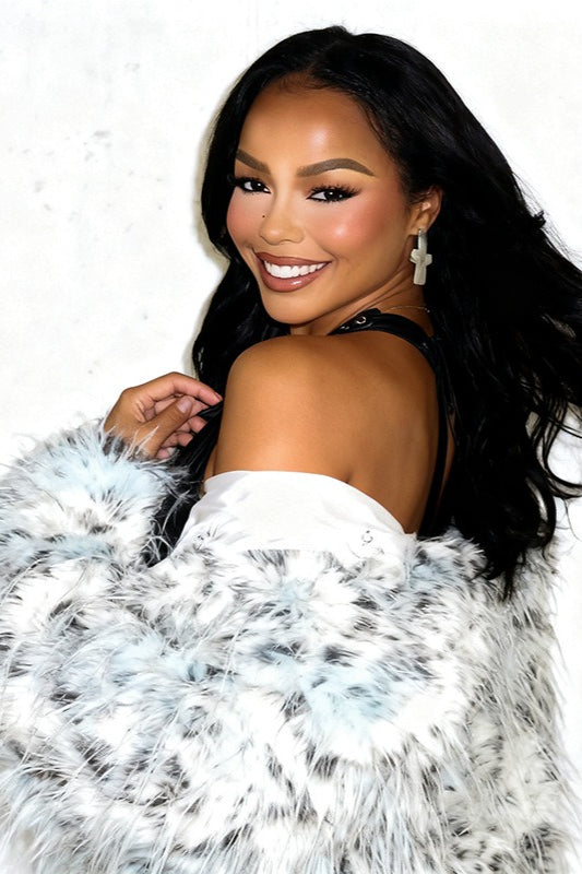 Manteau ajusté à col en fourrure longue imprimé léopard