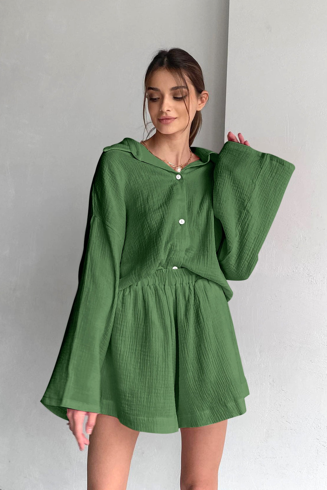 Cotton Long Sleeve Shirt Wide Leg Pants Two Piece Set