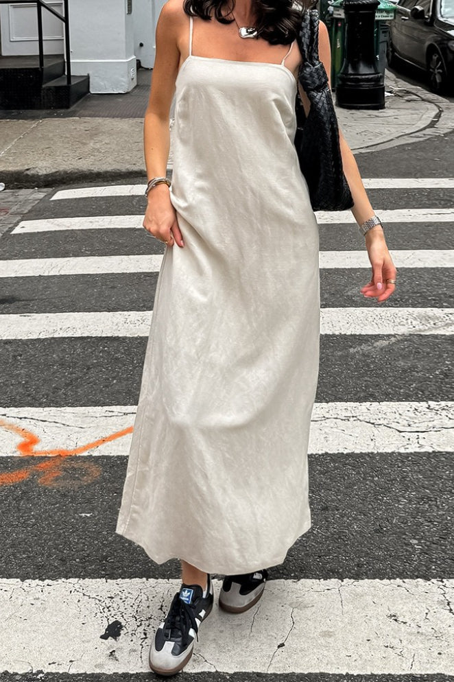 Khaki Linen Cotton Cami Loose Office Maxi Dress