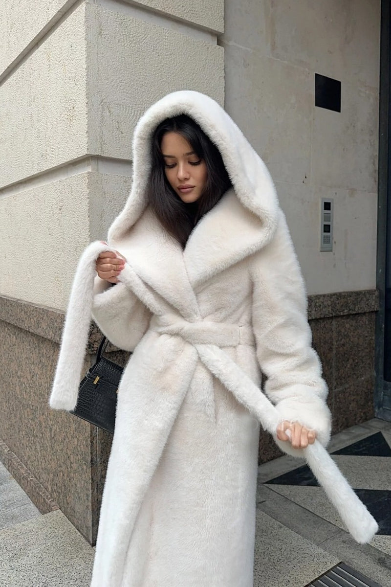 Sobretudo Longo com Capuz, Cinto e Plush em Pelo Sintético de Visom