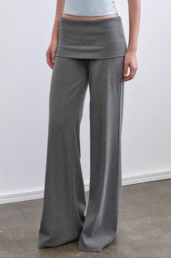 Solid Knit Foldover Waist Flowy Pants
